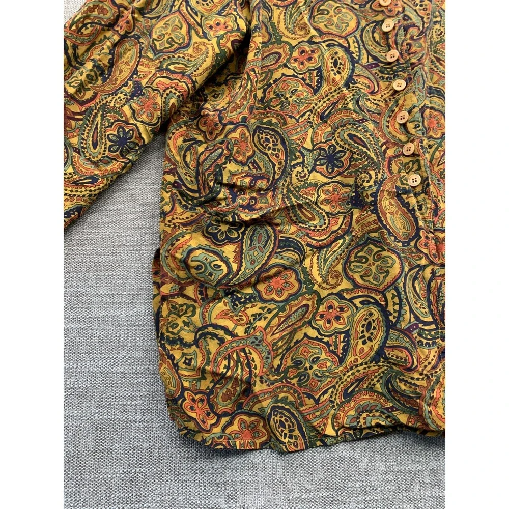 August Silk Shirt Women Medium Multicolor Paisley Print Silk Side Slit Button Up